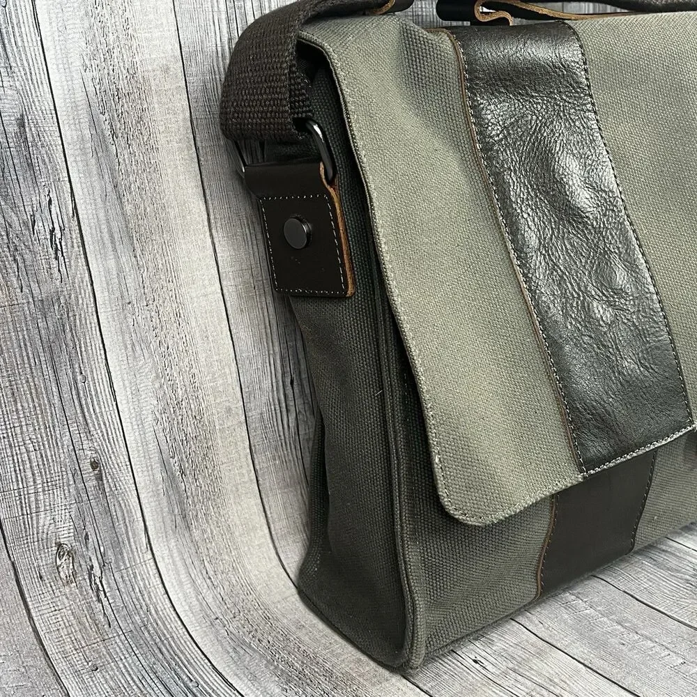 Pottery Barn Messenger Laptop Bag Bradley Leather & Canvas Taupe & Olive Bag